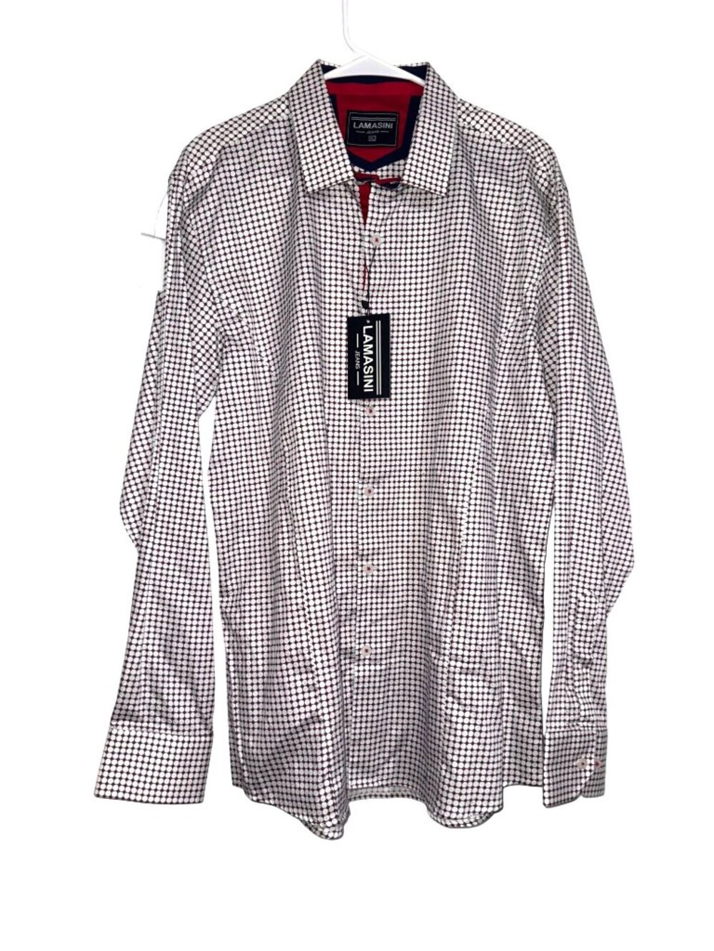 Lamasini Mens Red & White Checkered Button-Up Shirt XL 100% Cotton Long Sleeve